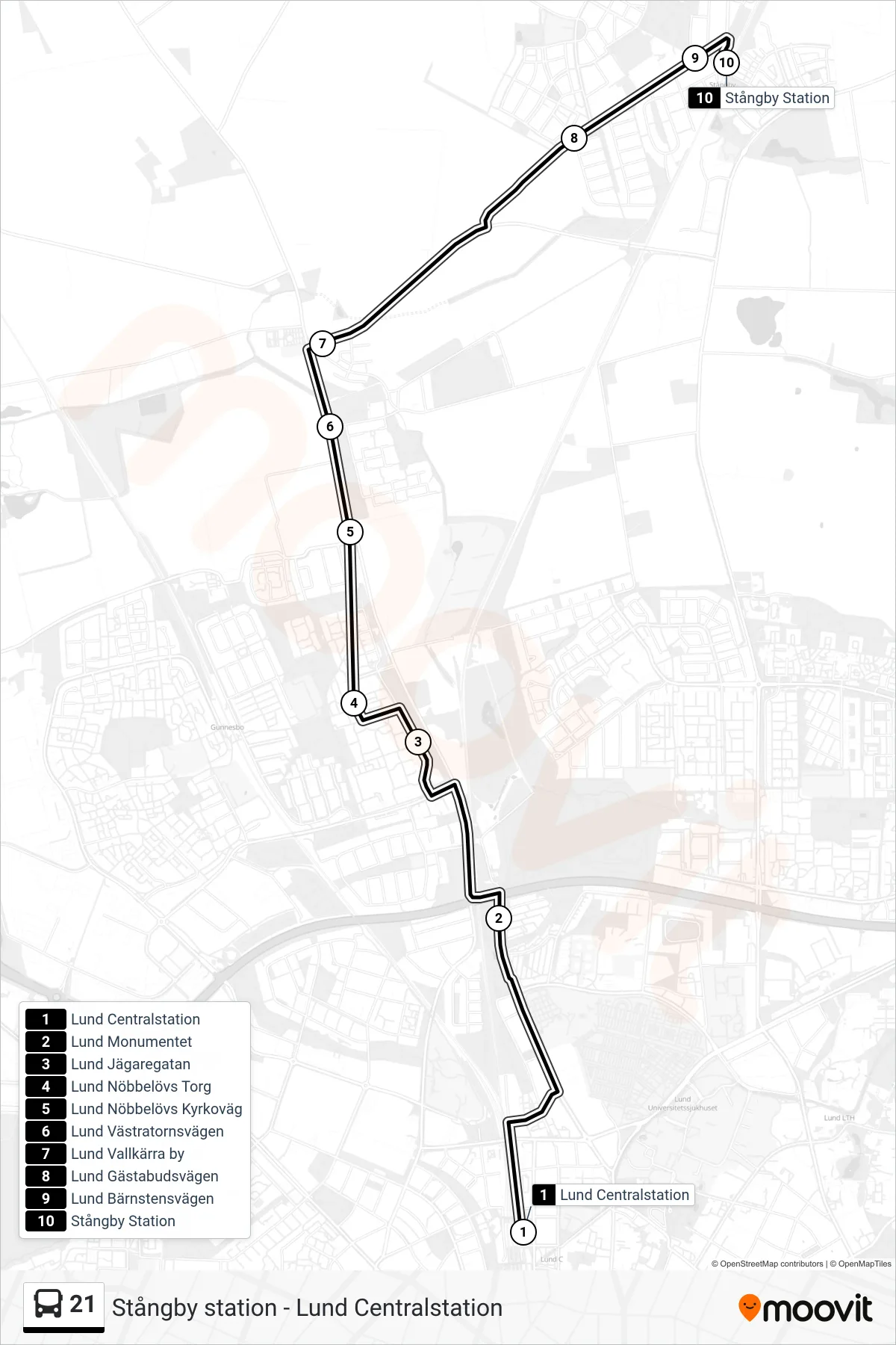 Rutt och hållplatser på karta för linje 21  spårvagn, (Stångby Station)