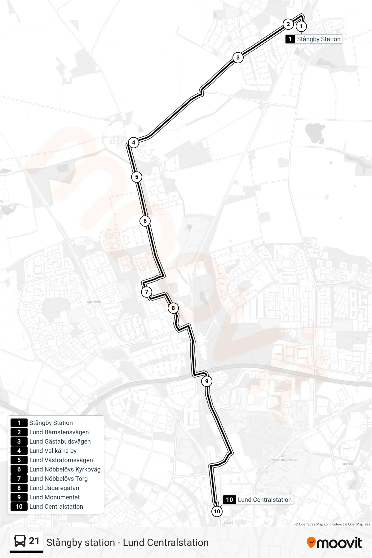 Rutt och hållplatser på karta för linje 21  spårvagn, (Lund Centralstation)