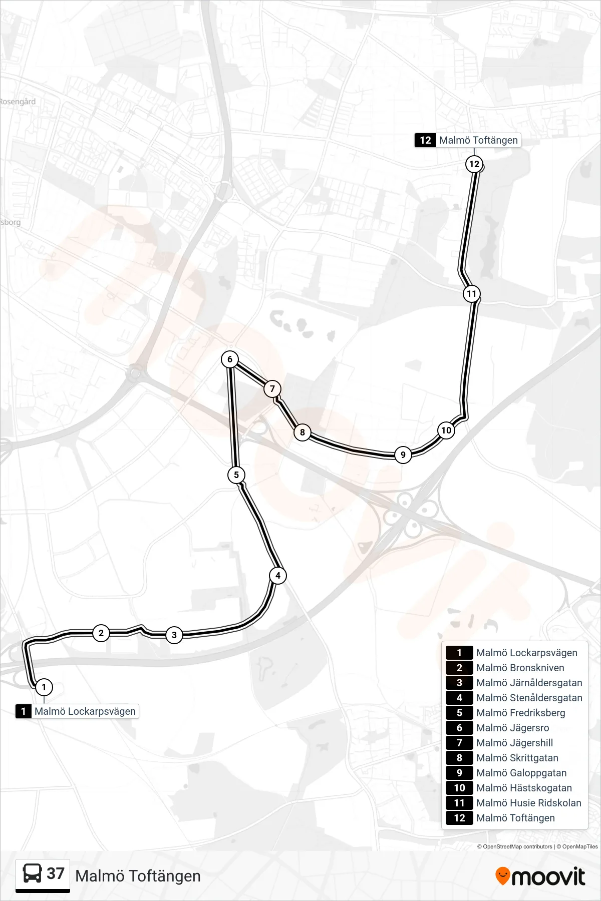 Rutt och hållplatser på karta för linje 37  spårvagn, (Malmö Toftängen)