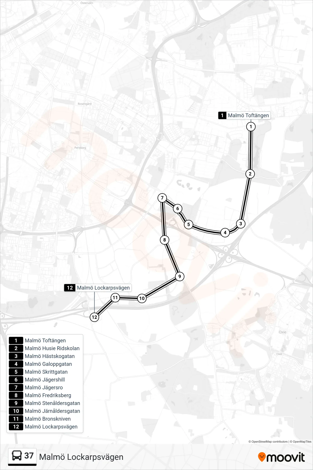 Rutt och hållplatser på karta för linje 37 spårvagn, (Malmö Lockarpsvägen)