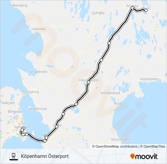 VÄXJÖ STATION - KÖPENHAMN ÖSTERPORT tåg Linje karta