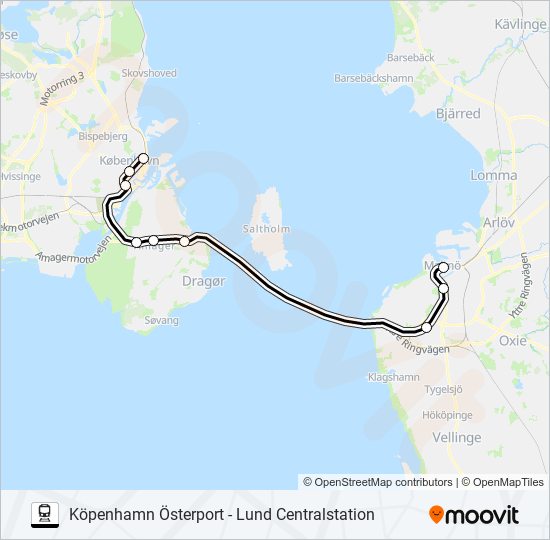 KÖPENHAMN ÖSTERPORT - LUND CENTRALSTATION tåg Linje karta