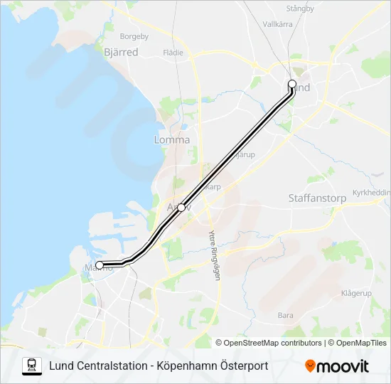 LUND CENTRALSTATION - KÖPENHAMN ÖSTERPORT tåg Linje karta