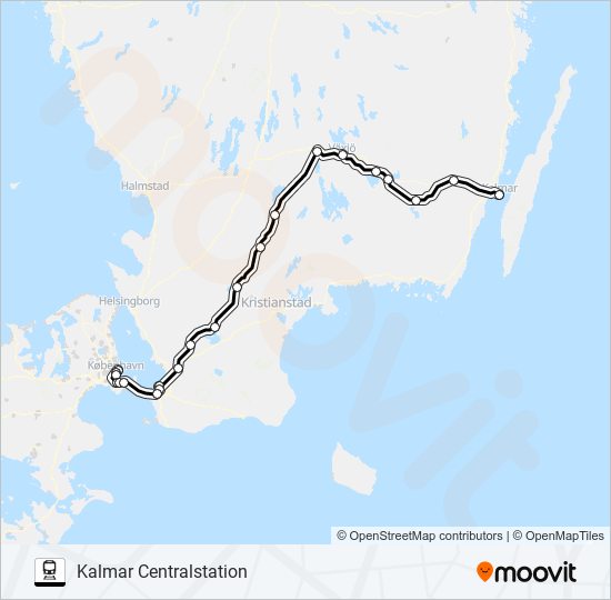 KÖPENHAMN ÖSTERPORT - KALMAR CENTRALSTATION tåg Linje karta
