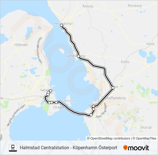 HALMSTAD CENTRALSTATION - KÖPENHAMN ÖSTERPORT tåg Linje karta