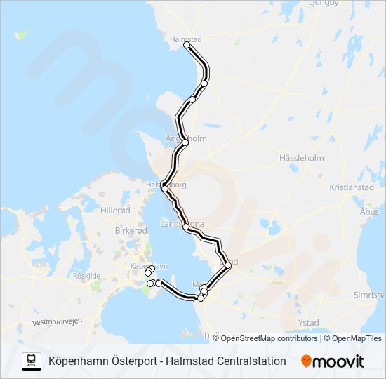 KÖPENHAMN ÖSTERPORT - HALMSTAD CENTRALSTATION tåg Linje karta