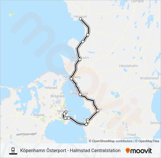KÖPENHAMN ÖSTERPORT - HALMSTAD CENTRALSTATION Train Line Map