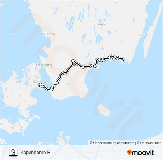 KARLSKRONA CENTRALSTATION - KÖPENHAMN ÖSTERPORT tåg Linje karta