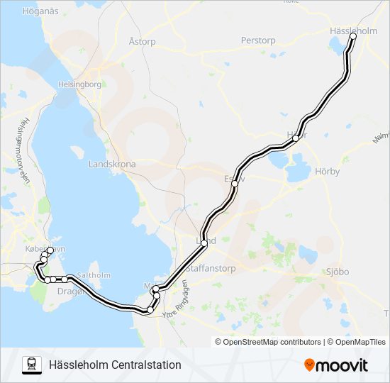 KÖPENHAMN ÖSTERPORT - HÄSSLEHOLM CENTRALSTATION tåg Linje karta