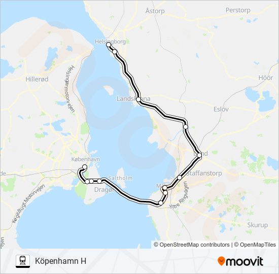 HELSINGBORG CENTRALSTATION - KÖPENHAMN ÖSTERPORT tåg Linje karta