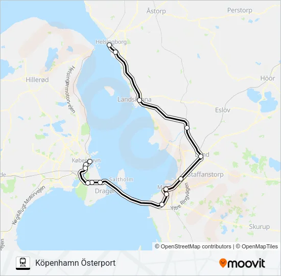 HELSINGBORG CENTRALSTATION - KÖPENHAMN ÖSTERPORT tåg Linje karta