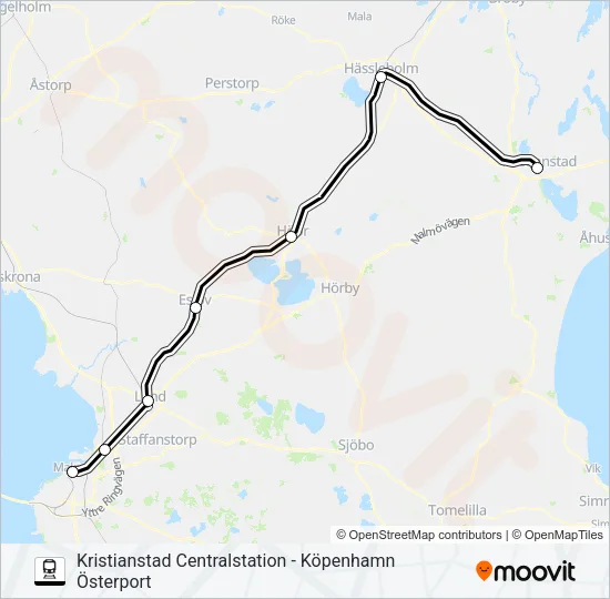 KRISTIANSTAD CENTRALSTATION - KÖPENHAMN ÖSTERPORT Train Line Map