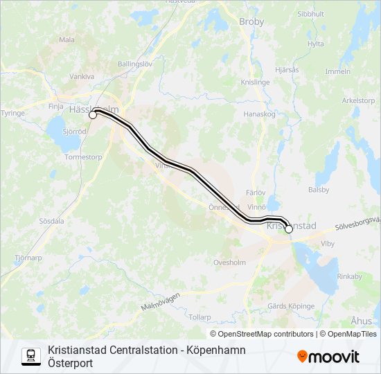 KRISTIANSTAD CENTRALSTATION - KÖPENHAMN ÖSTERPORT tåg Linje karta