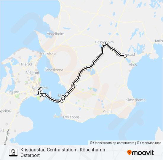 KRISTIANSTAD CENTRALSTATION - KÖPENHAMN ÖSTERPORT tåg Linje karta