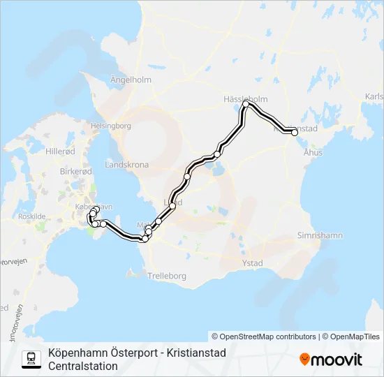 KÖPENHAMN ÖSTERPORT - KRISTIANSTAD CENTRALSTATION tåg Linje karta