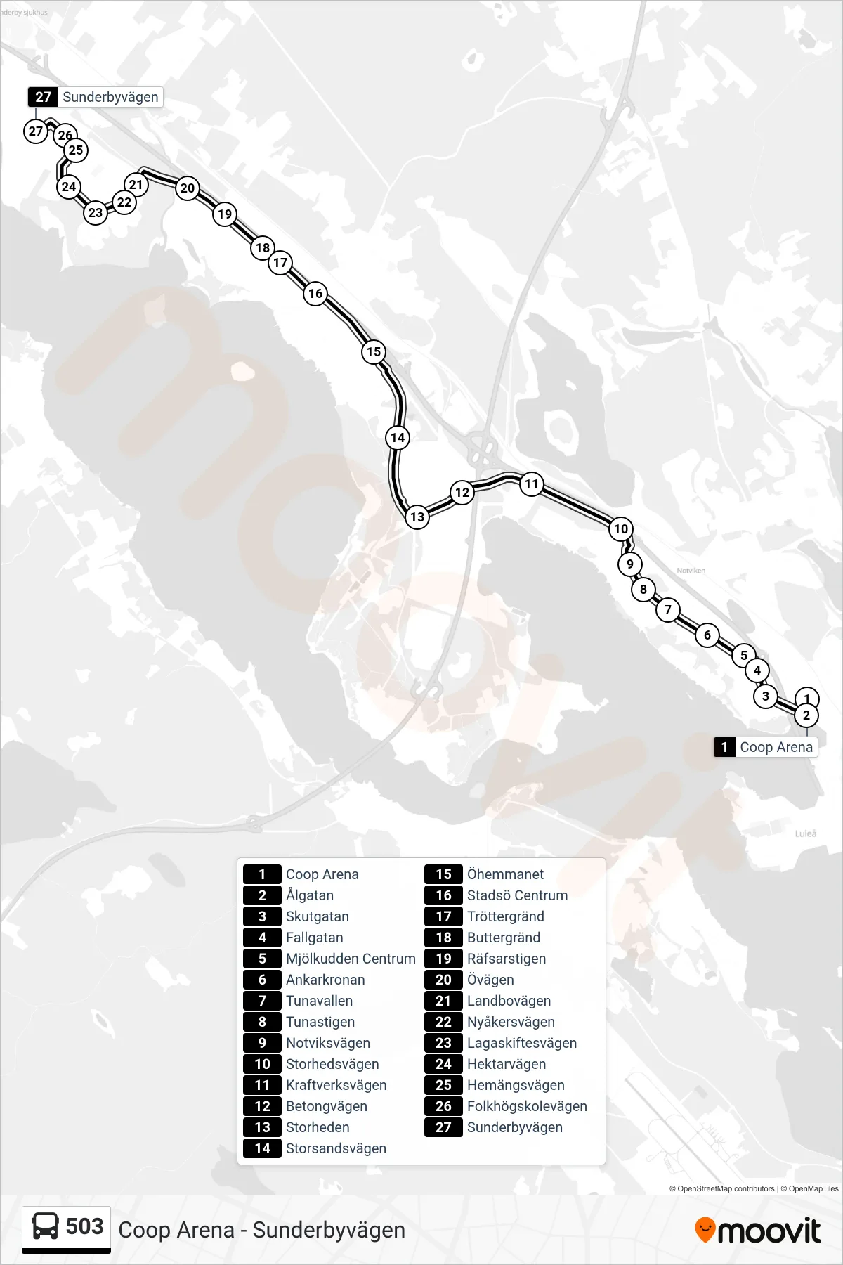 Rutt och hållplatser på karta för linje 503  spårvagn, (Sunderbyvägen)