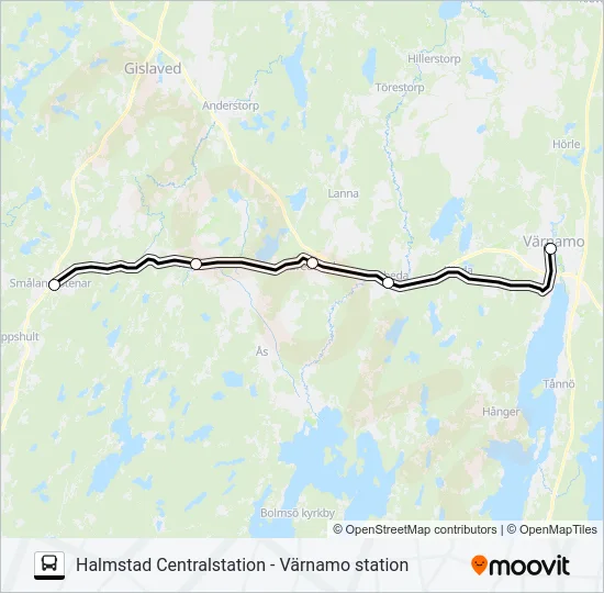 HALMSTAD CENTRALSTATION - VÄRNAMO STATION  Line Map