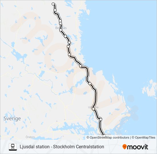 LJUSDAL STATION - STOCKHOLM CENTRALSTATION tåg Linje karta