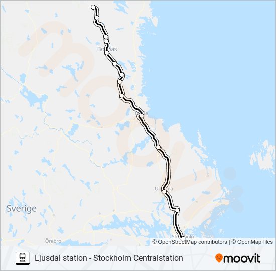 LJUSDAL STATION - STOCKHOLM CENTRALSTATION tåg Linje karta