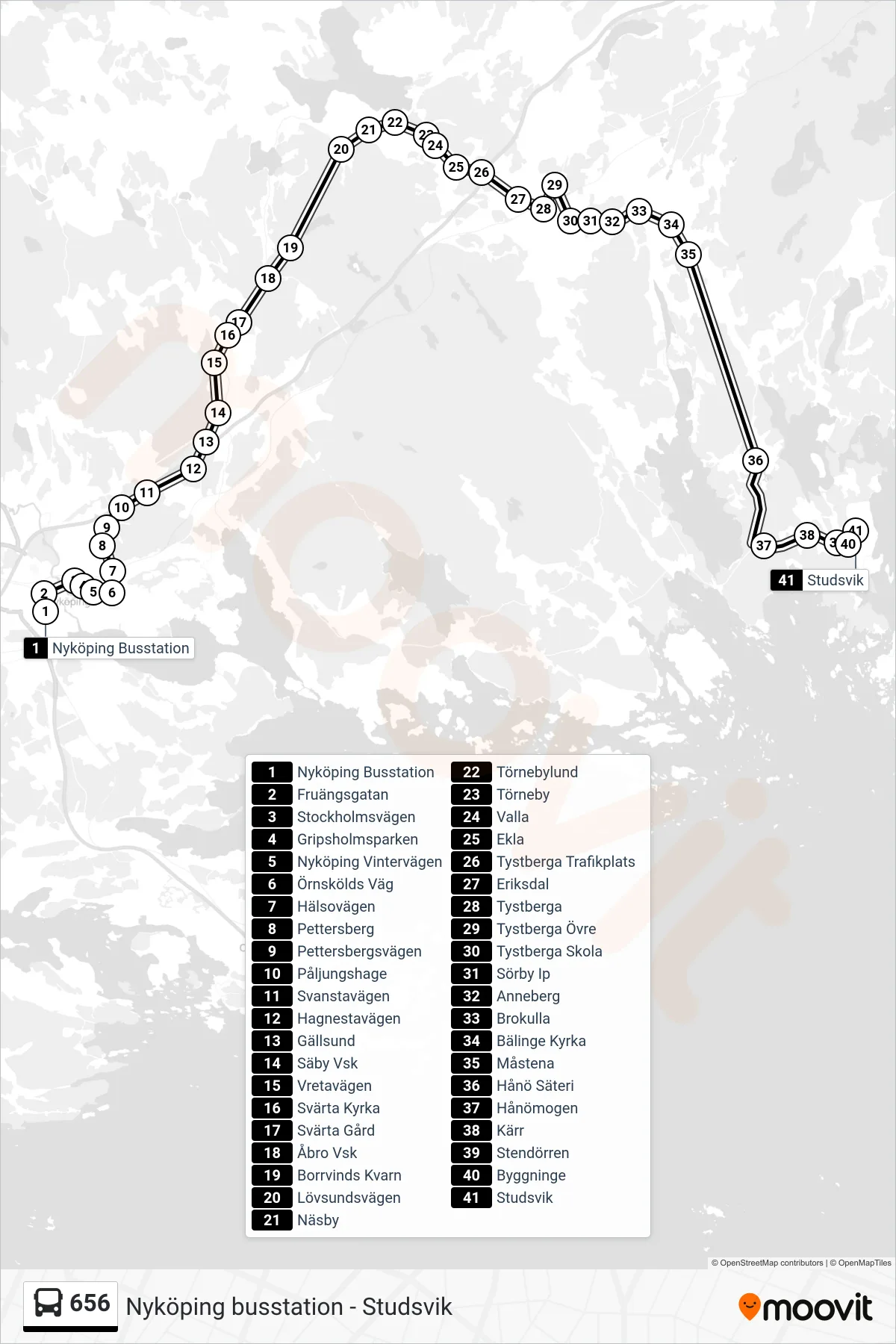 Rutt och hållplatser på karta för linje 656 buss, (Studsvik)