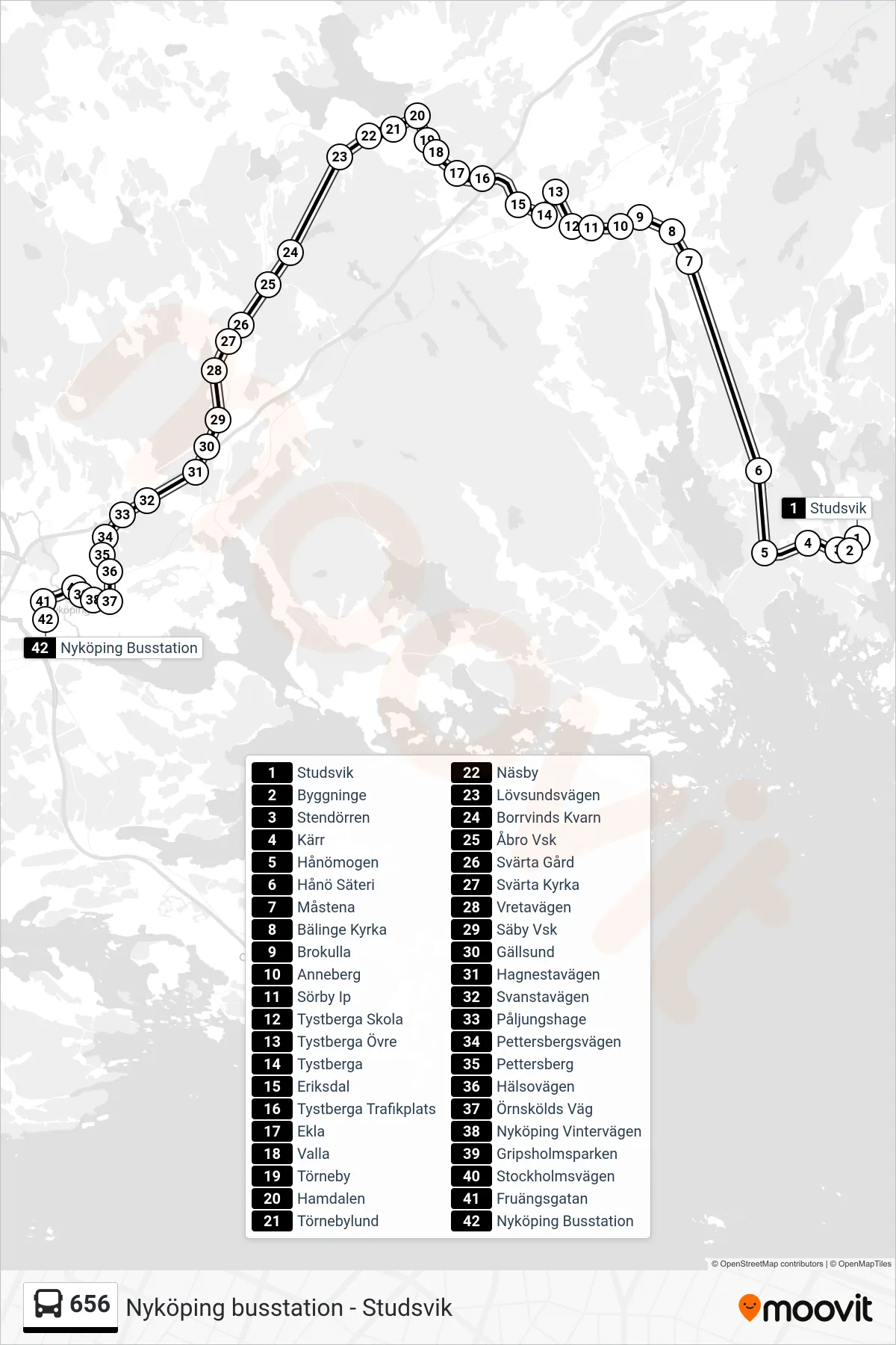 Rutt och hållplatser på karta för linje 656 buss, (Nyköping Busstation)