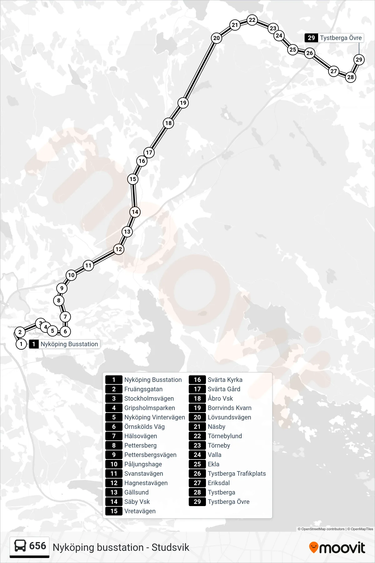 Rutt och hållplatser på karta för linje 656 buss, (Tystberga Övre)