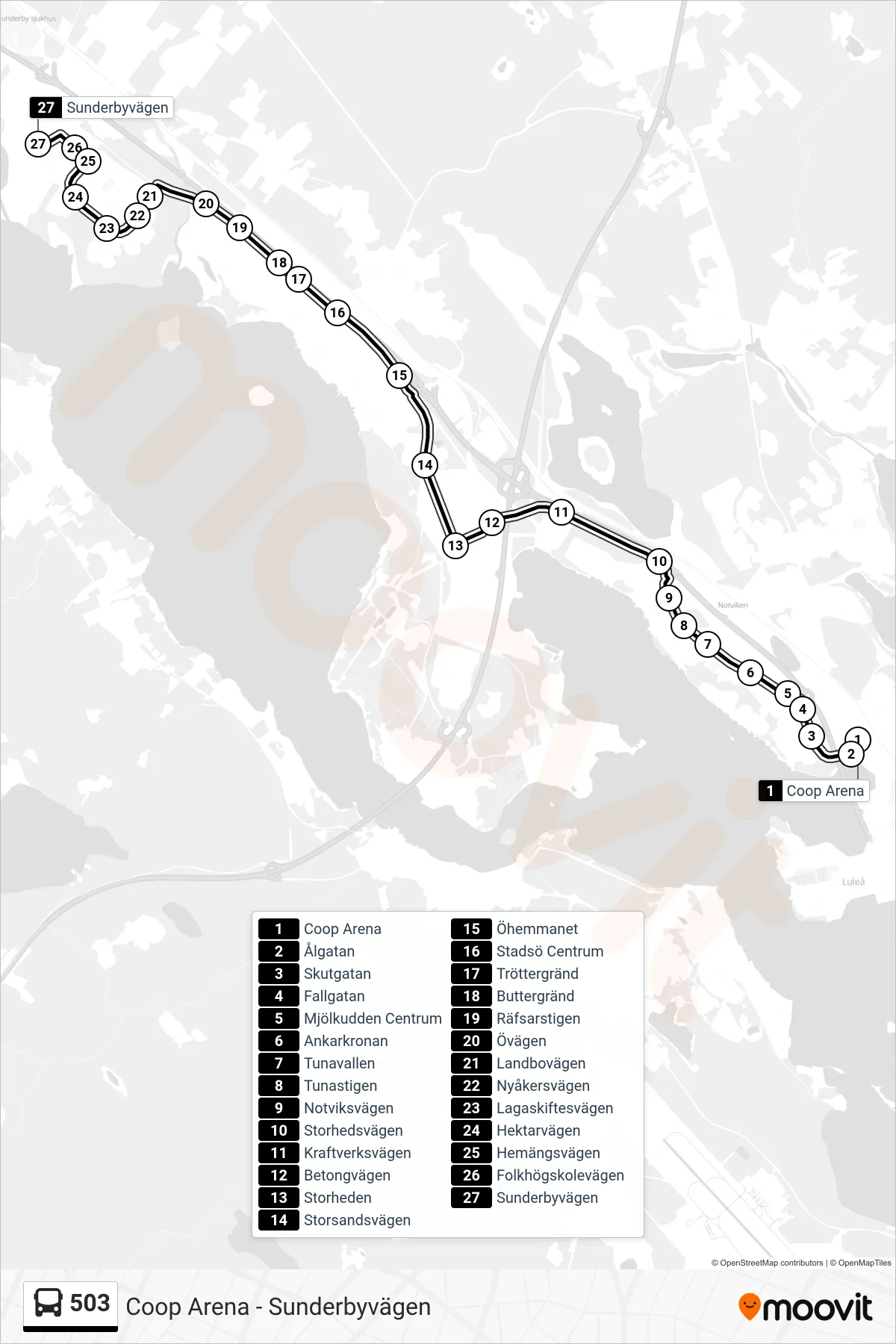 Rutt och hållplatser på karta för linje 503 buss, (Sunderbyvägen)