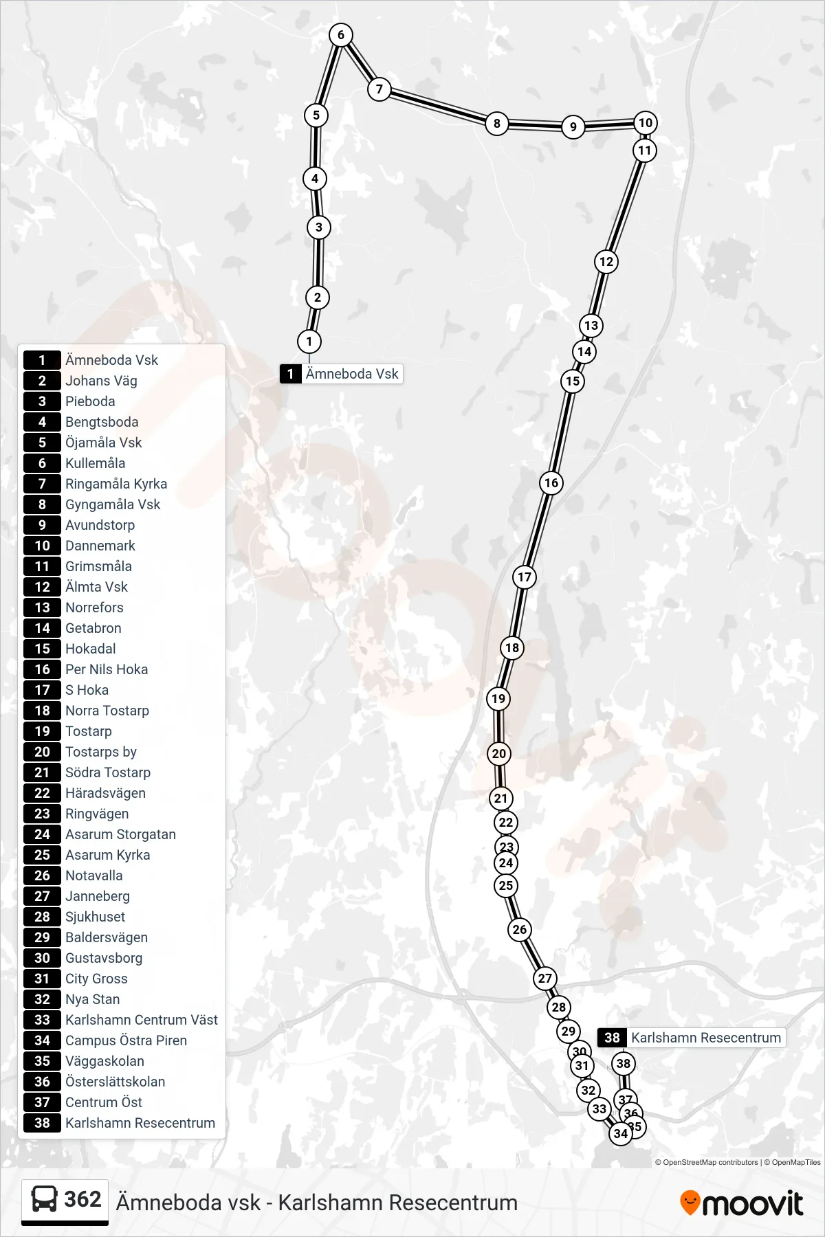 Rutt och hållplatser på karta för linje 362 buss, (Karlshamn Resecentrum)