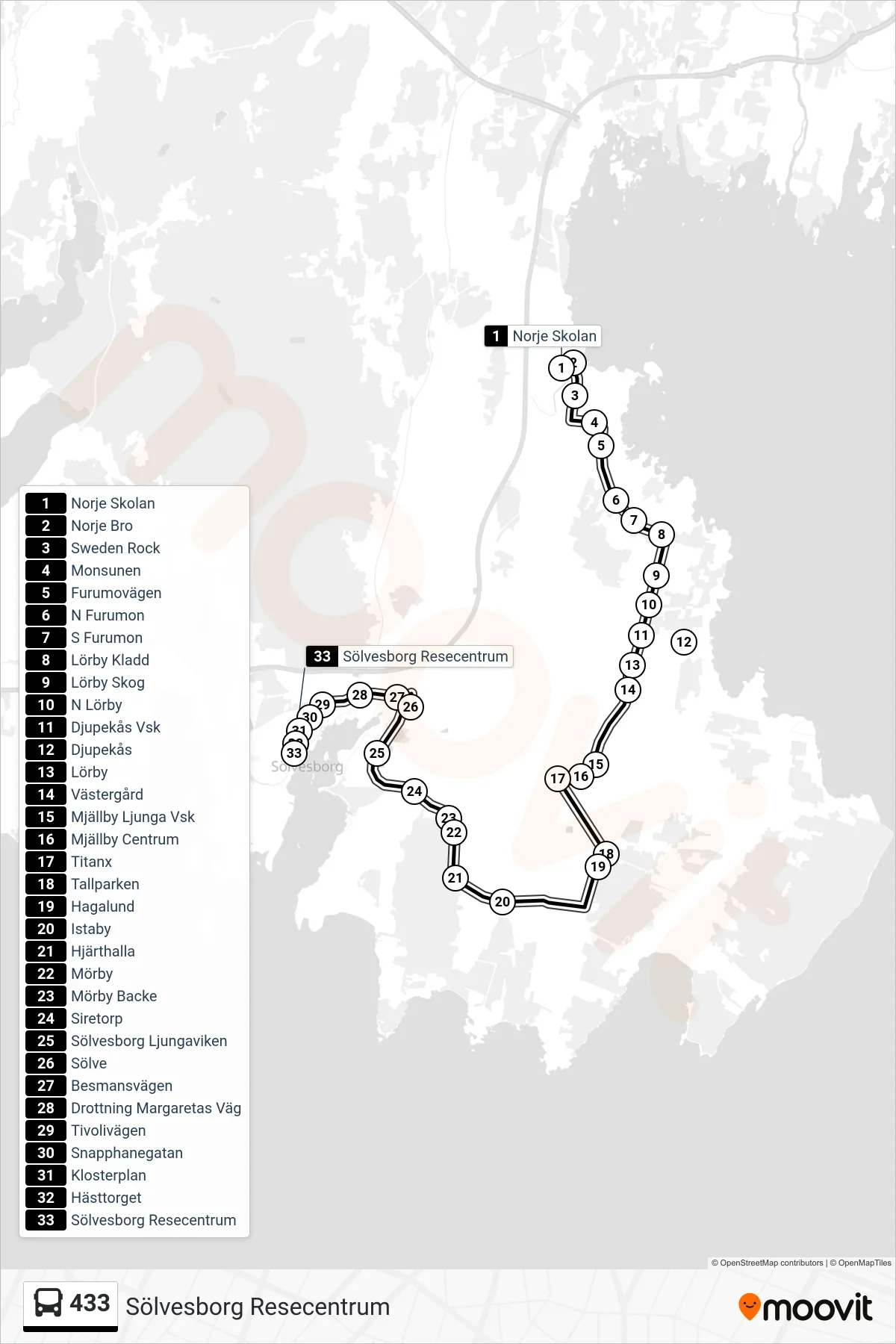 Rutt och hållplatser på karta för linje 433  buss, (Sölvesborg Resecentrum)