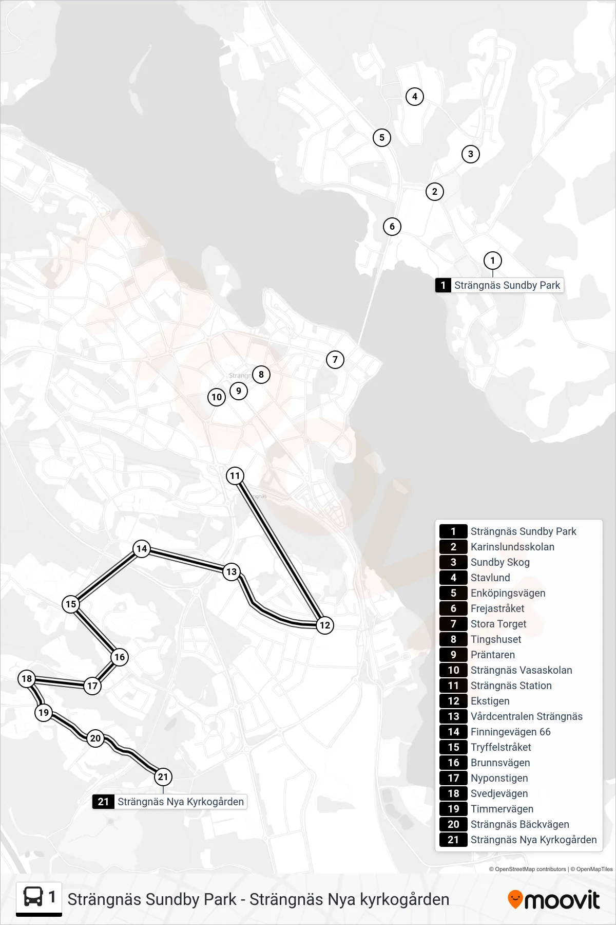 Rutt och hållplatser på karta för linje 1 spårvagn, (Strängnäs Nya Kyrkogården)