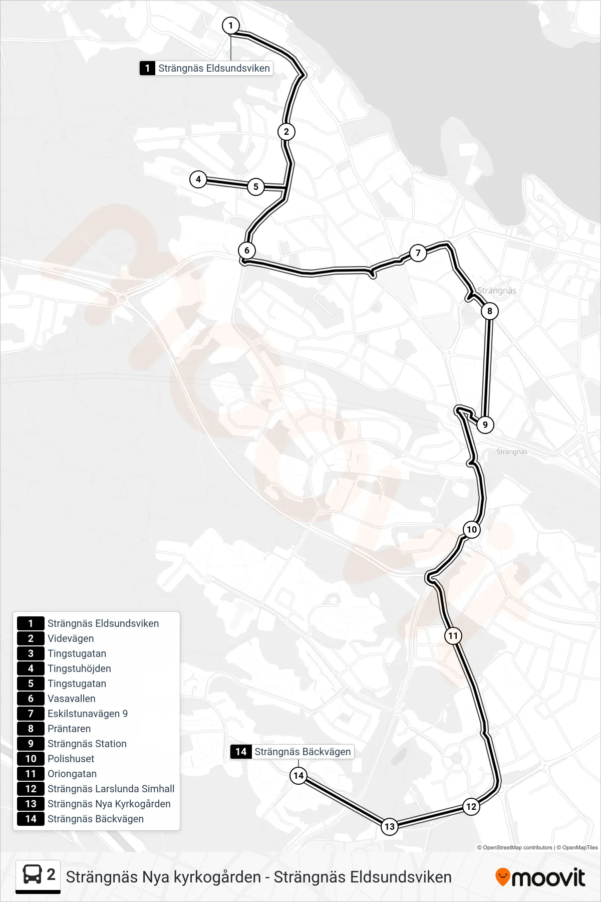 Rutt och hållplatser på karta för linje 2 spårvagn, (Strängnäs Bäckvägen)