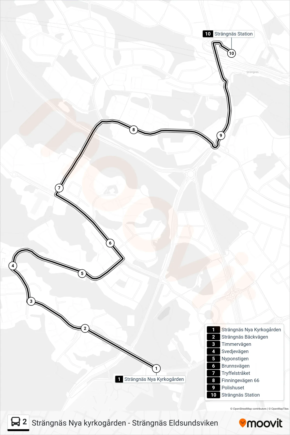 Rutt och hållplatser på karta för linje 2  spårvagn, (Strängnäs Station)