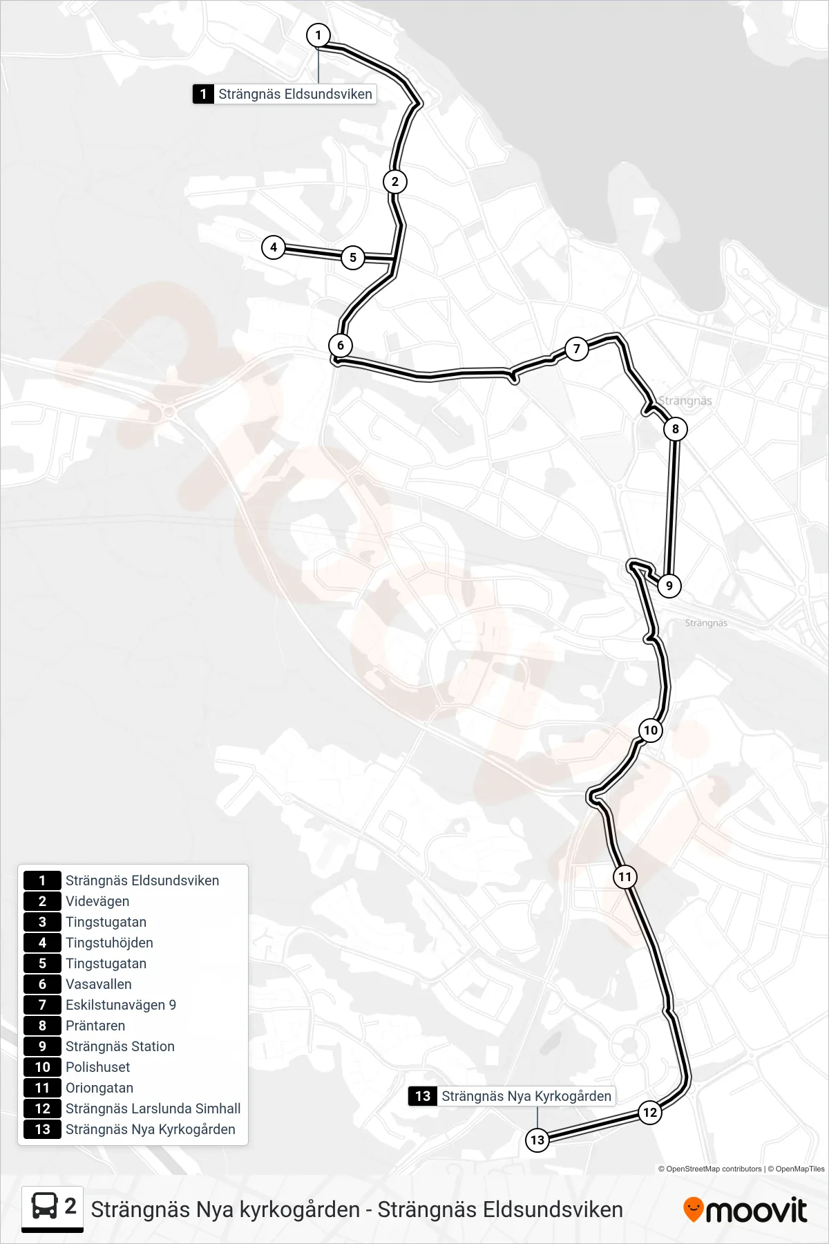 Rutt och hållplatser på karta för linje 2 spårvagn, (Strängnäs Nya Kyrkogården)