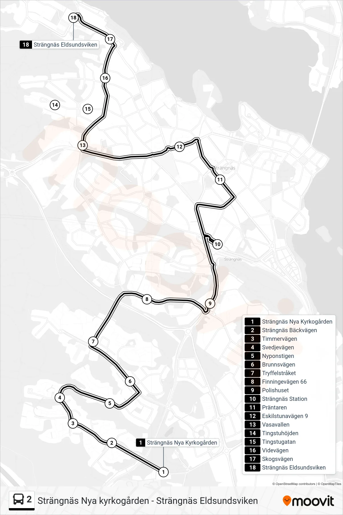 Rutt och hållplatser på karta för linje 2 spårvagn, (Strängnäs Eldsundsviken)