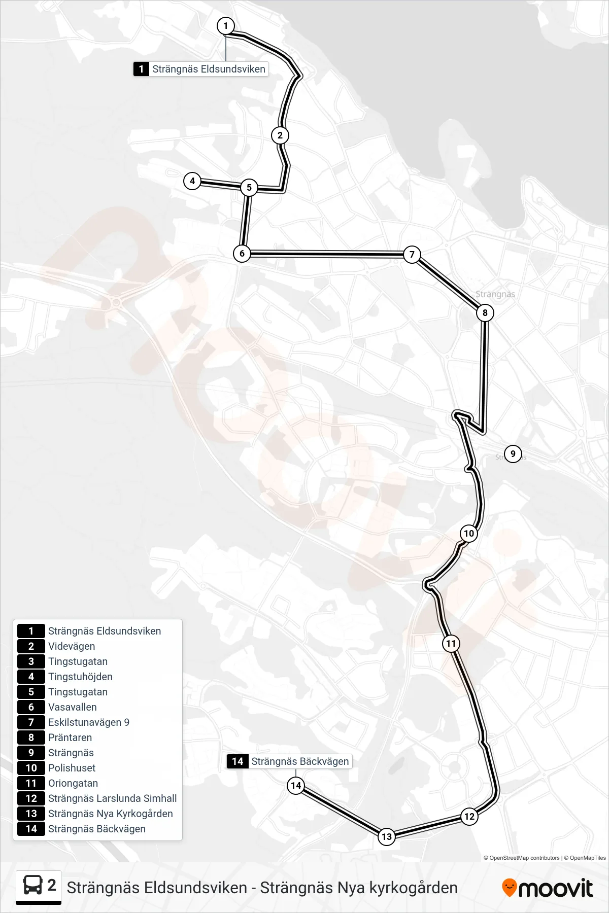 Rutt och hållplatser på karta för linje 2 buss, (Strängnäs Bäckvägen)