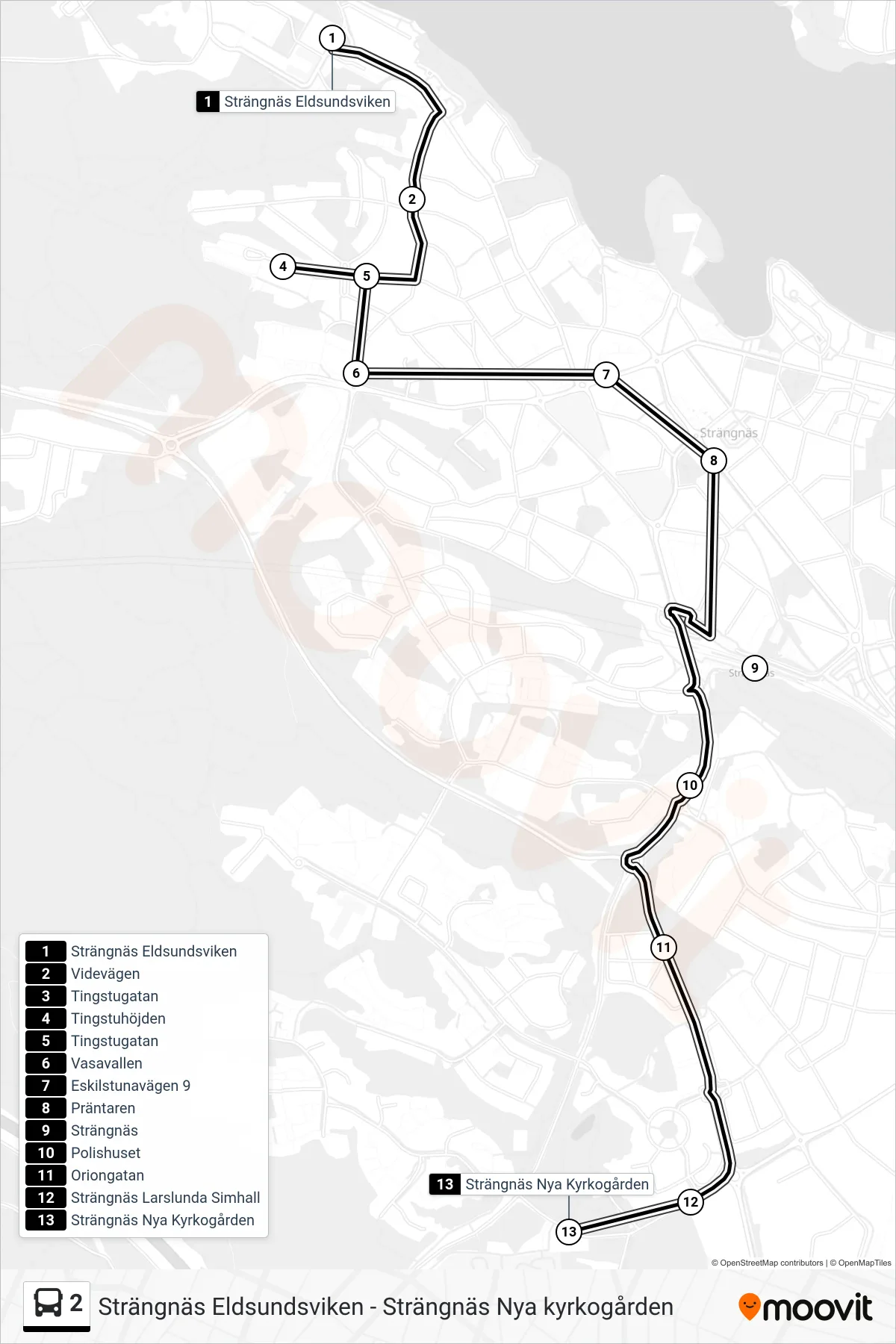 Rutt och hållplatser på karta för linje 2 buss, (Strängnäs Nya Kyrkogården)