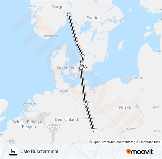 PRAHA UAN FLORENC - OSLO BUSSTERMINAL buss Linje karta