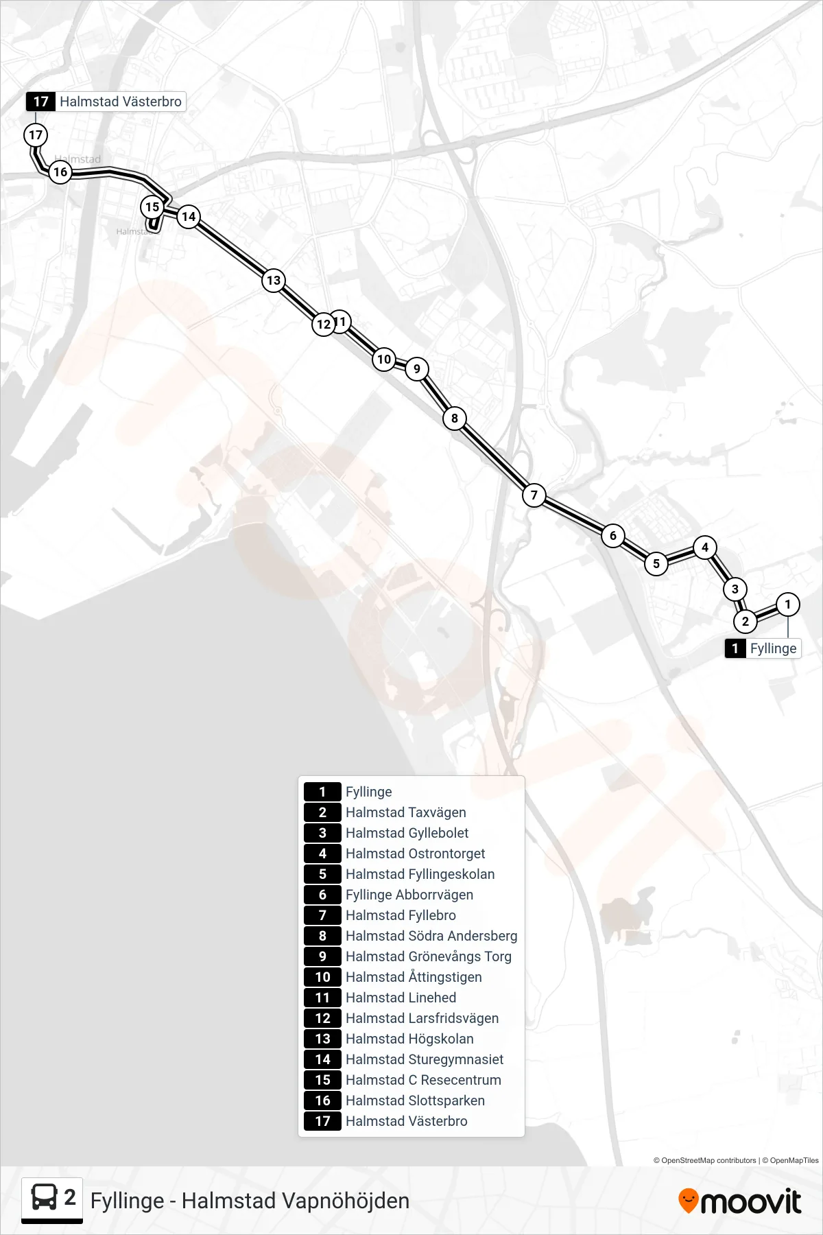 Rutt och hållplatser på karta för linje 2  spårvagn, (Halmstad Västerbro)