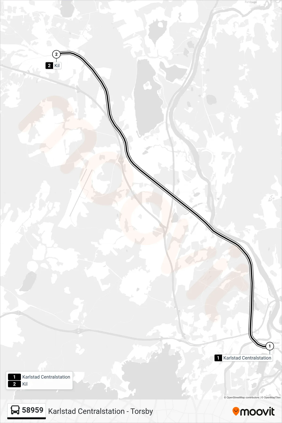 Rutt och hållplatser på karta för linje 58959 buss, (Kil Station)