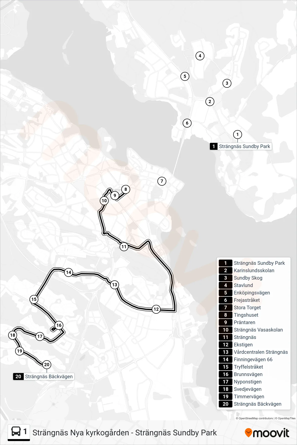 1 bus Line (Strängnäs Bäckvägen) route and stops on a map