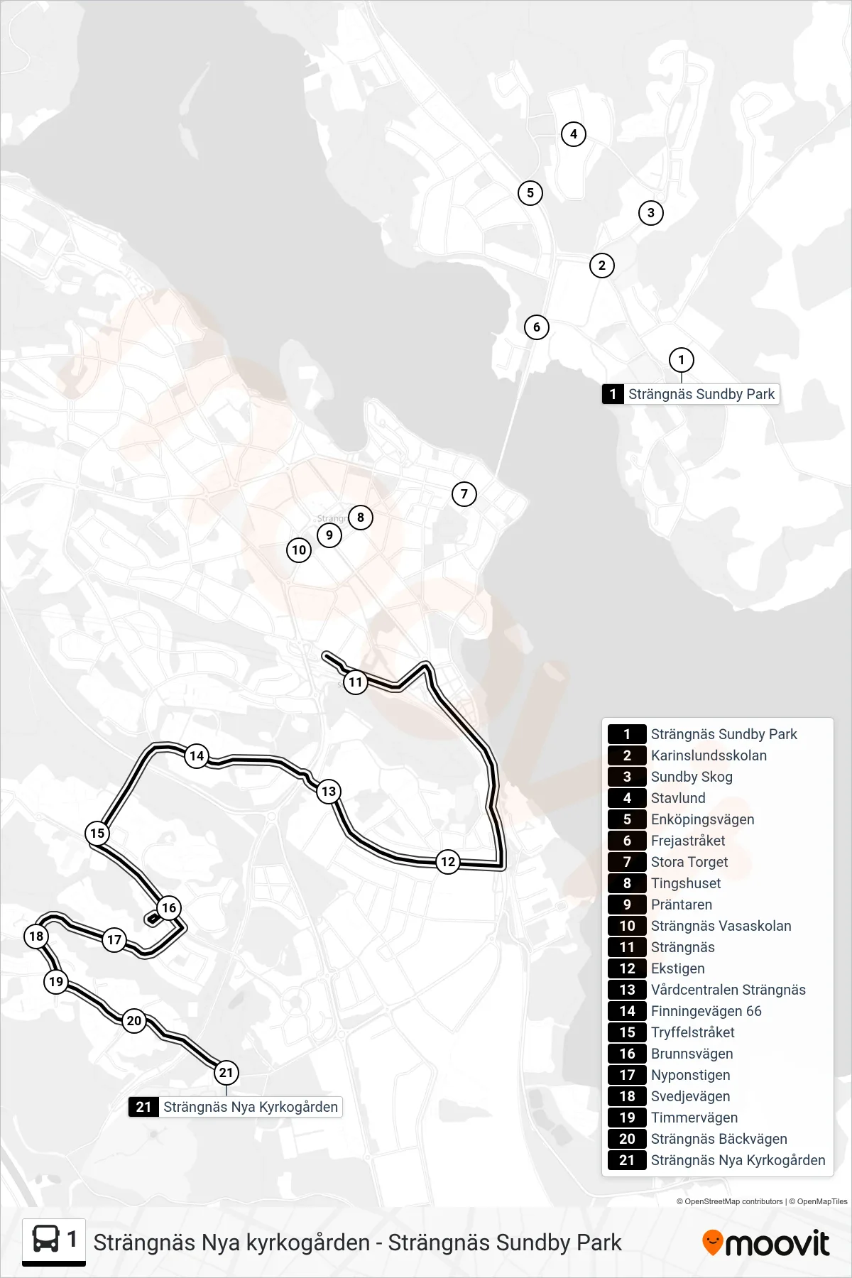 1 bus Line (Strängnäs Nya Kyrkogården) route and stops on a map