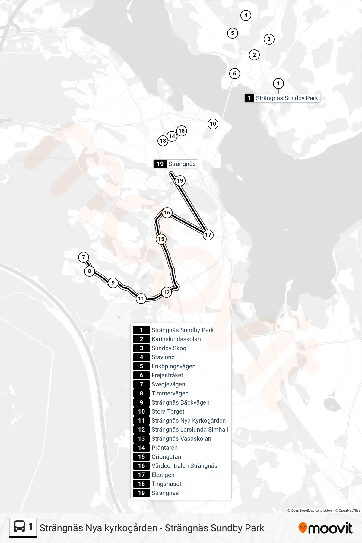 Rutt och hållplatser på karta för linje 1 buss, (Strängnäs Station)