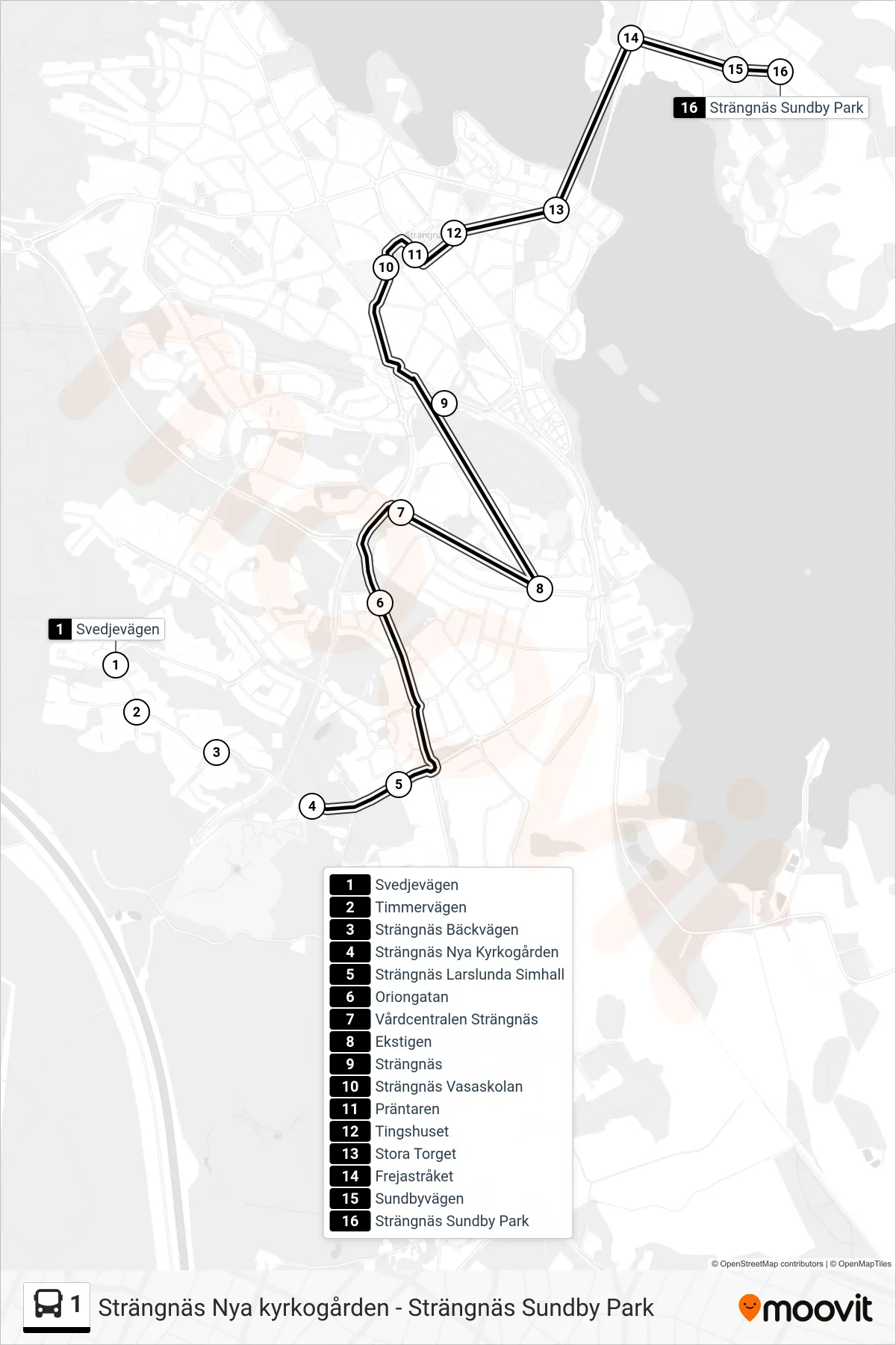 Rutt och hållplatser på karta för linje 1 buss, (Strängnäs Sundby Park)