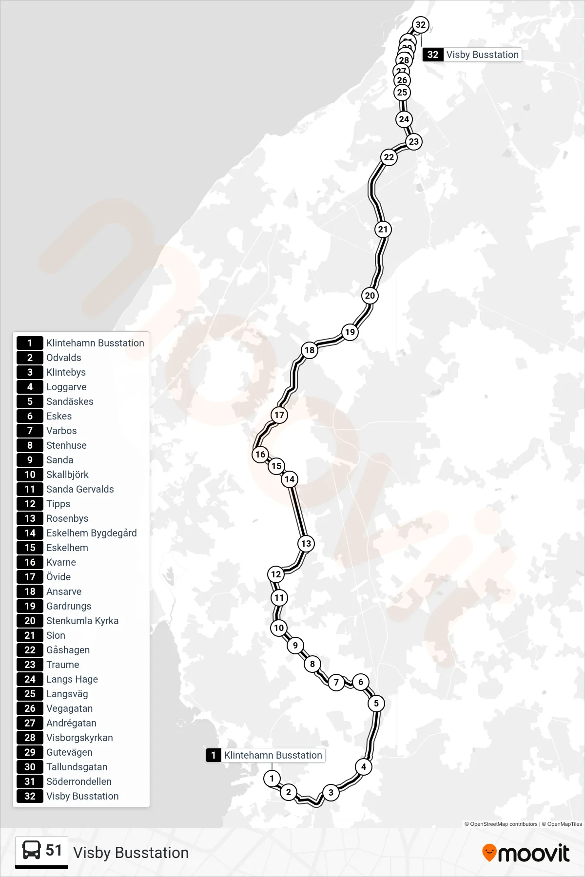 Rutt och hållplatser på karta för linje 51 spårvagn, (Visby Busstation)