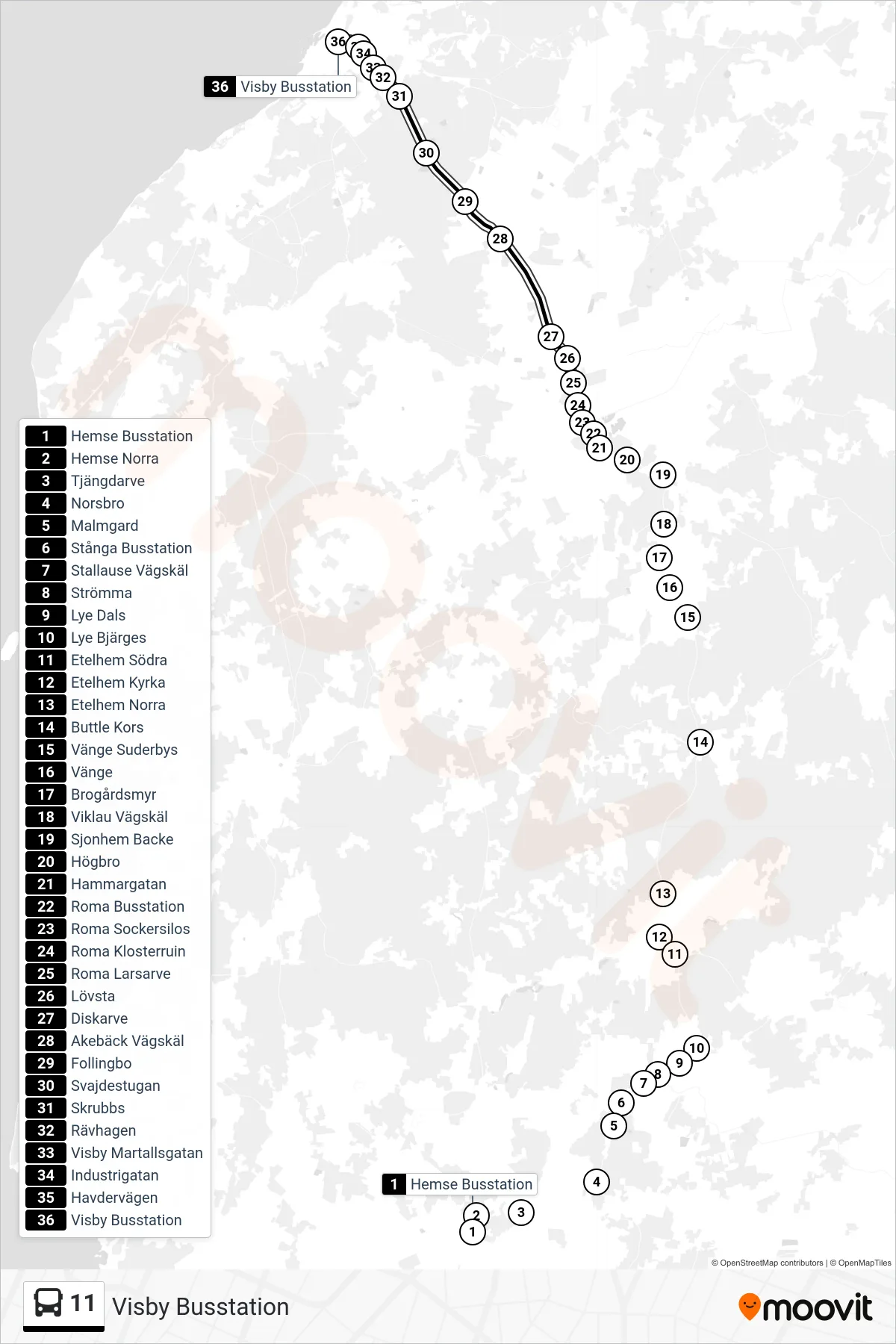 Rutt och hållplatser på karta för linje 11 spårvagn, (Visby Busstation)