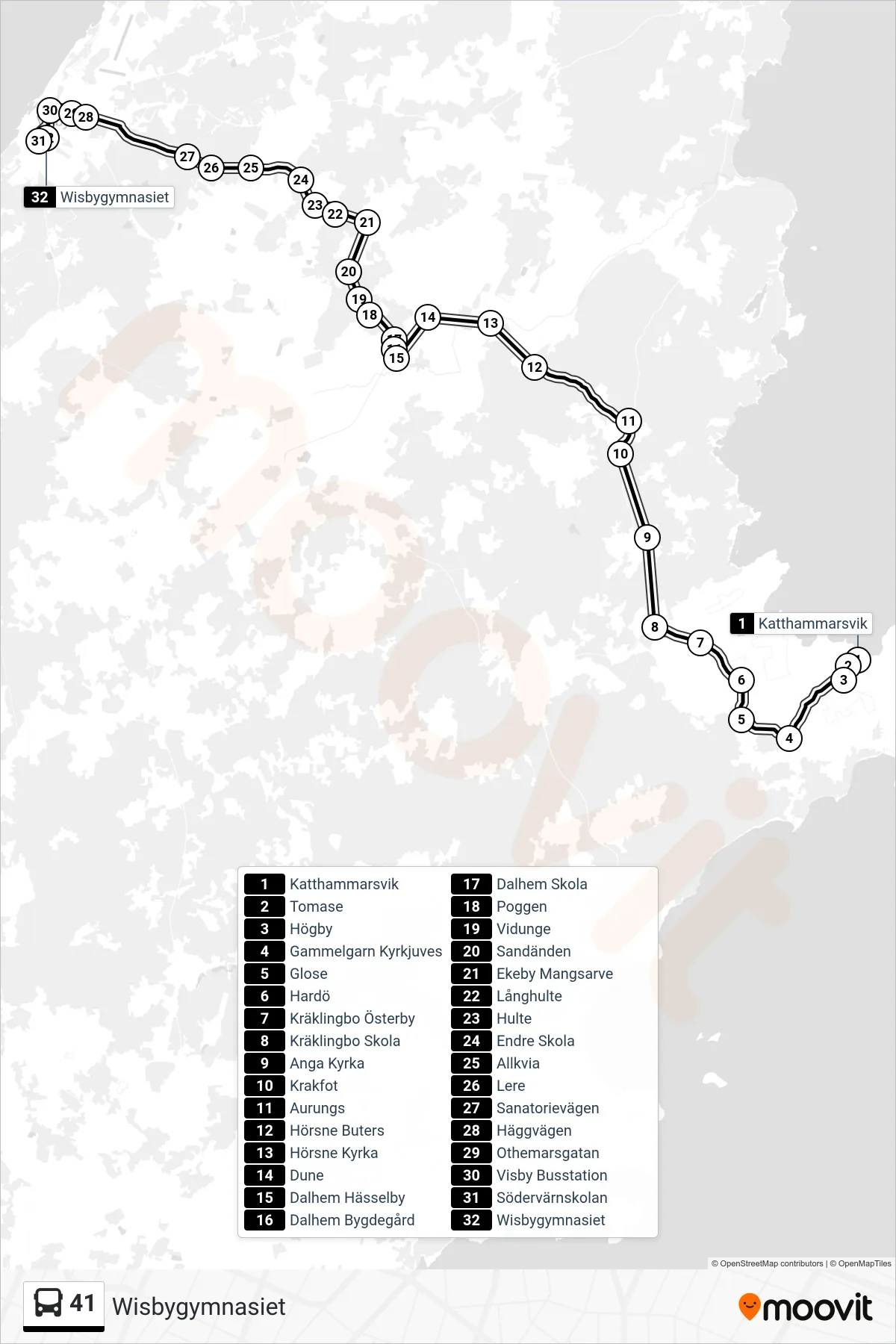 Rutt och hållplatser på karta för linje 41  spårvagn, (Wisbygymnasiet)