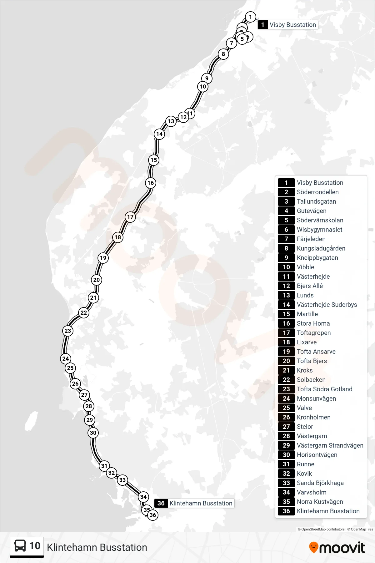 Rutt och hållplatser på karta för linje 10  spårvagn, (Klintehamn Busstation)