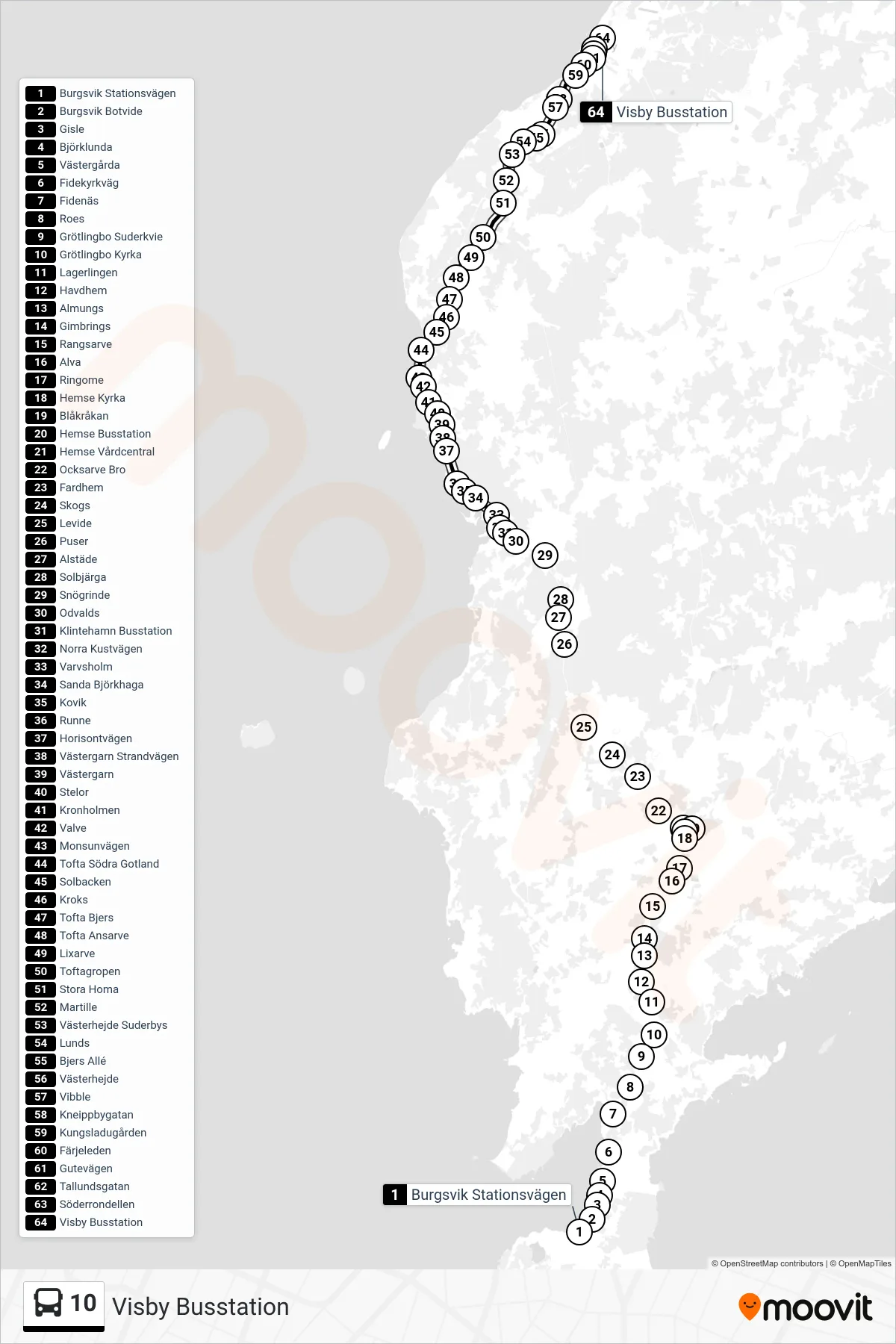 Rutt och hållplatser på karta för linje 10 spårvagn, (Visby Busstation)