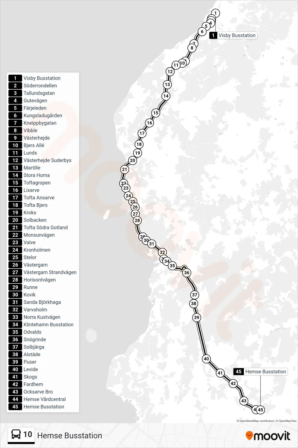 Rutt och hållplatser på karta för linje 10  spårvagn, (Hemse Busstation)