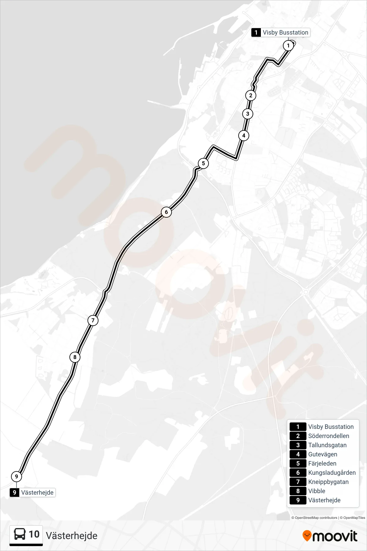 Rutt och hållplatser på karta för linje 10  spårvagn, (Västerhejde)